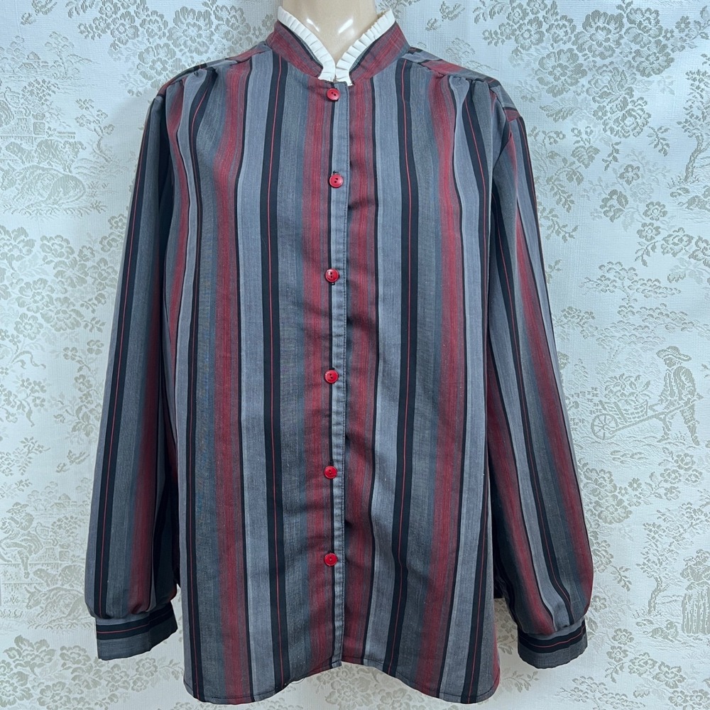 Vtg Donald Howard Blouse Dark Academia Striped Button Up Ruffle Collar Shirt